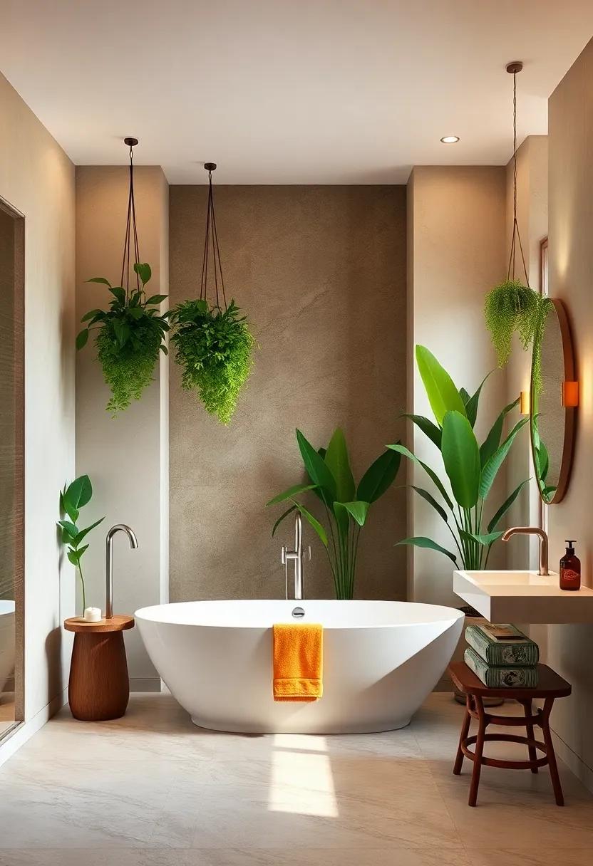Tropical​ Escape: Create a luxurious tropical setting with a freestanding tub,‌ hanging plants, and vibrant colors that⁢ evoke paradise
