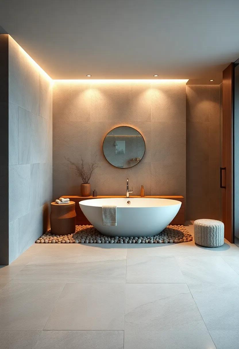 Zen Retreat: Craft a tranquil atmosphere with a ​freestanding tub surrounded by ‌pebbles, soft lighting, and calming ​natural colors for​ ultimate relaxation