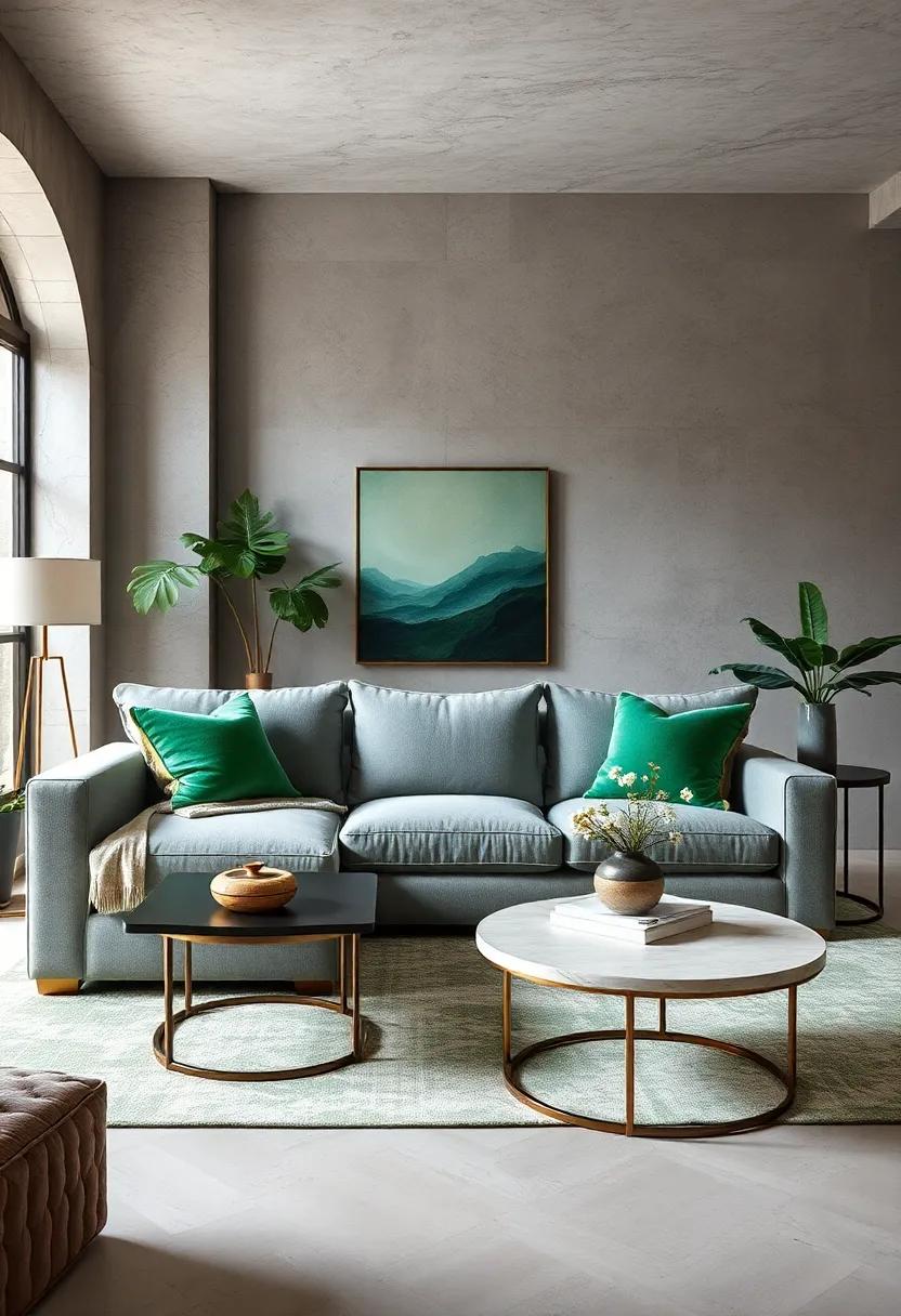 Incorporate plush gray sofas ‌adorned with emerald‌ green throw⁢ pillows for a cozy yet modern‌ seating arrangement