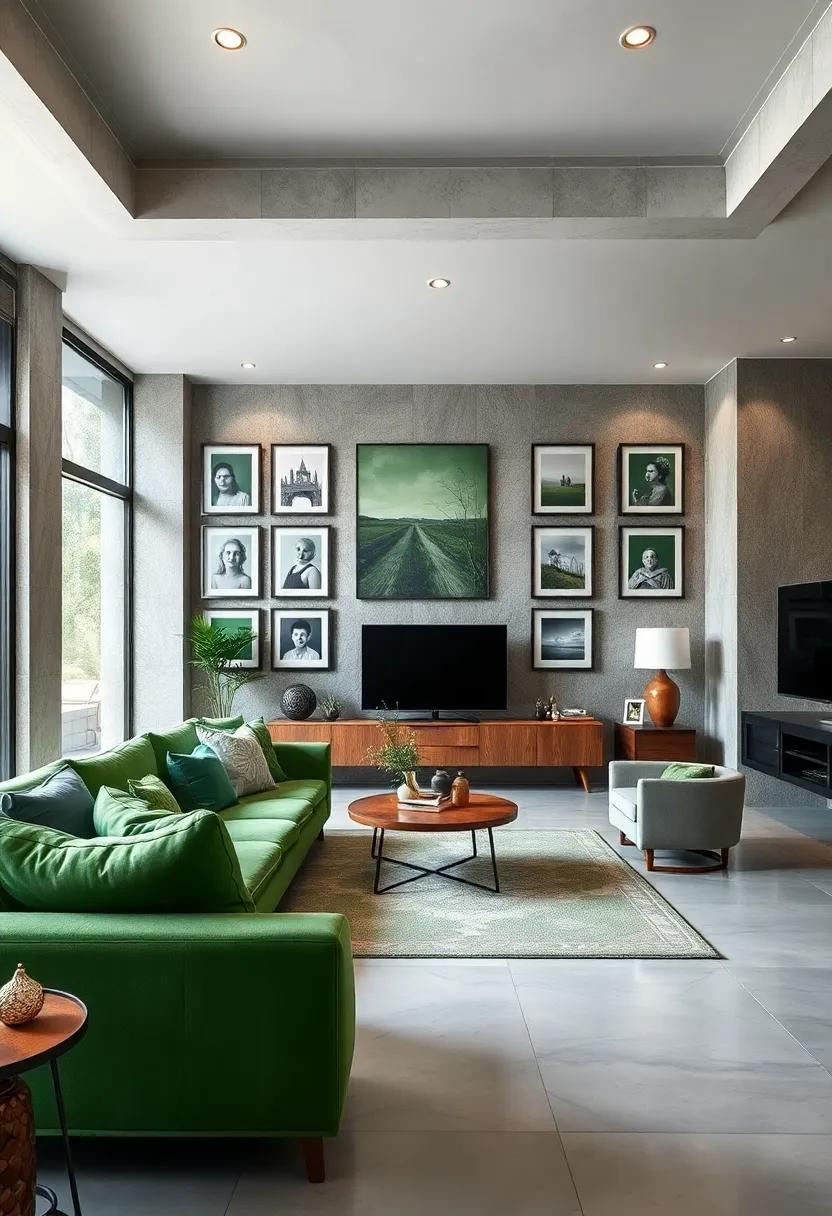 Consider a ‌gallery​ of gray-toned photographs with green matting for a chic and personalized​ display