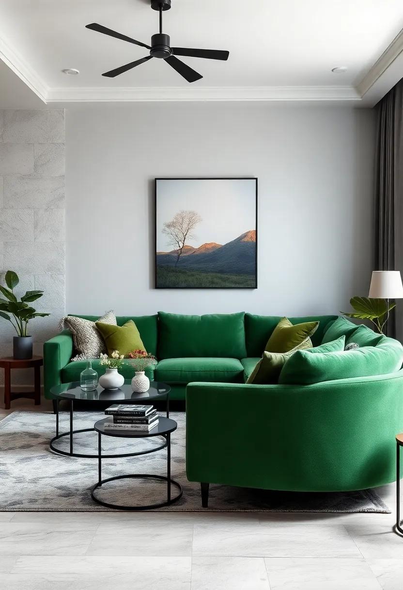 Use a plush velvet green sofa ‍paired with sleek gray accents for a luxurious, ⁢modern⁤ aesthetic‍ that delights the senses