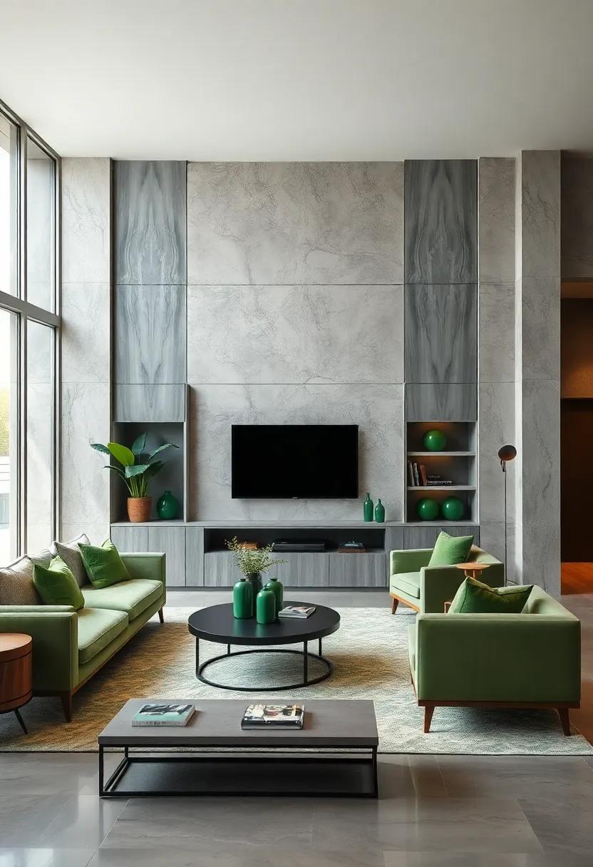 Build in functional storage‌ solutions with gray built-ins, ‌leaving ⁢room for display essentials ⁢like green⁤ decorative objects