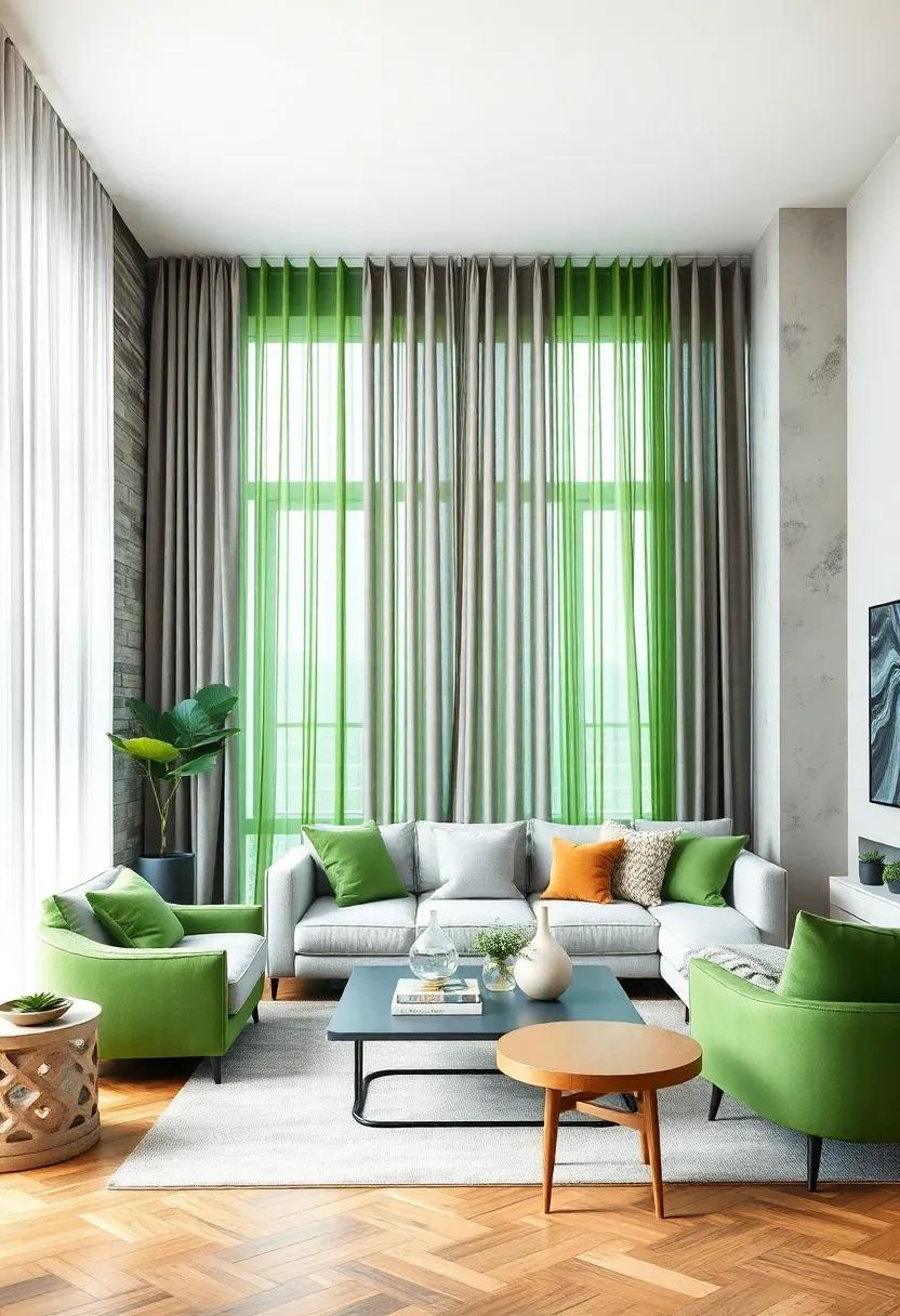 Mix soft gray curtains with vibrant green sheers for ‌a dynamic window treatment that enhances natural light while maintaining privacy