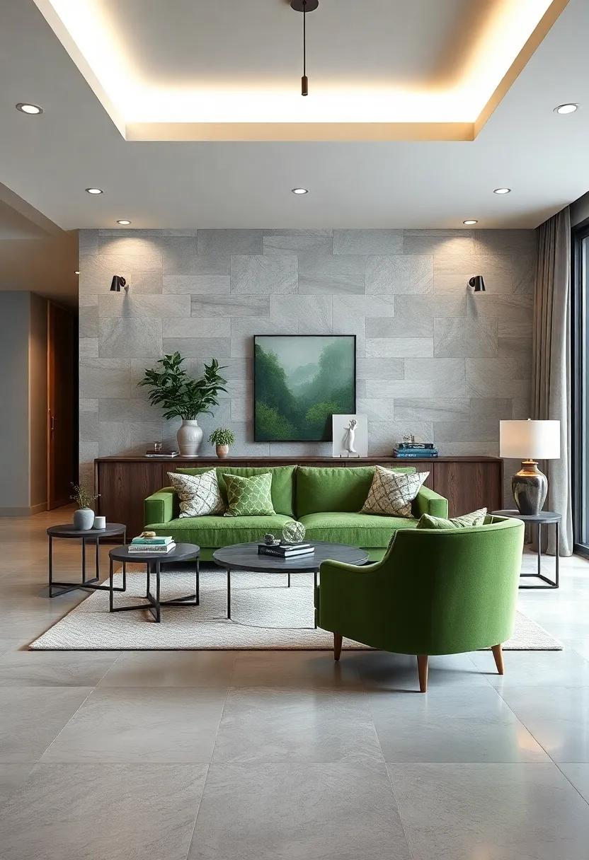 Use a statement green armchair as a focal point,‌ contrasted ​with ⁢gray side tables and lighting to ground the ⁣space