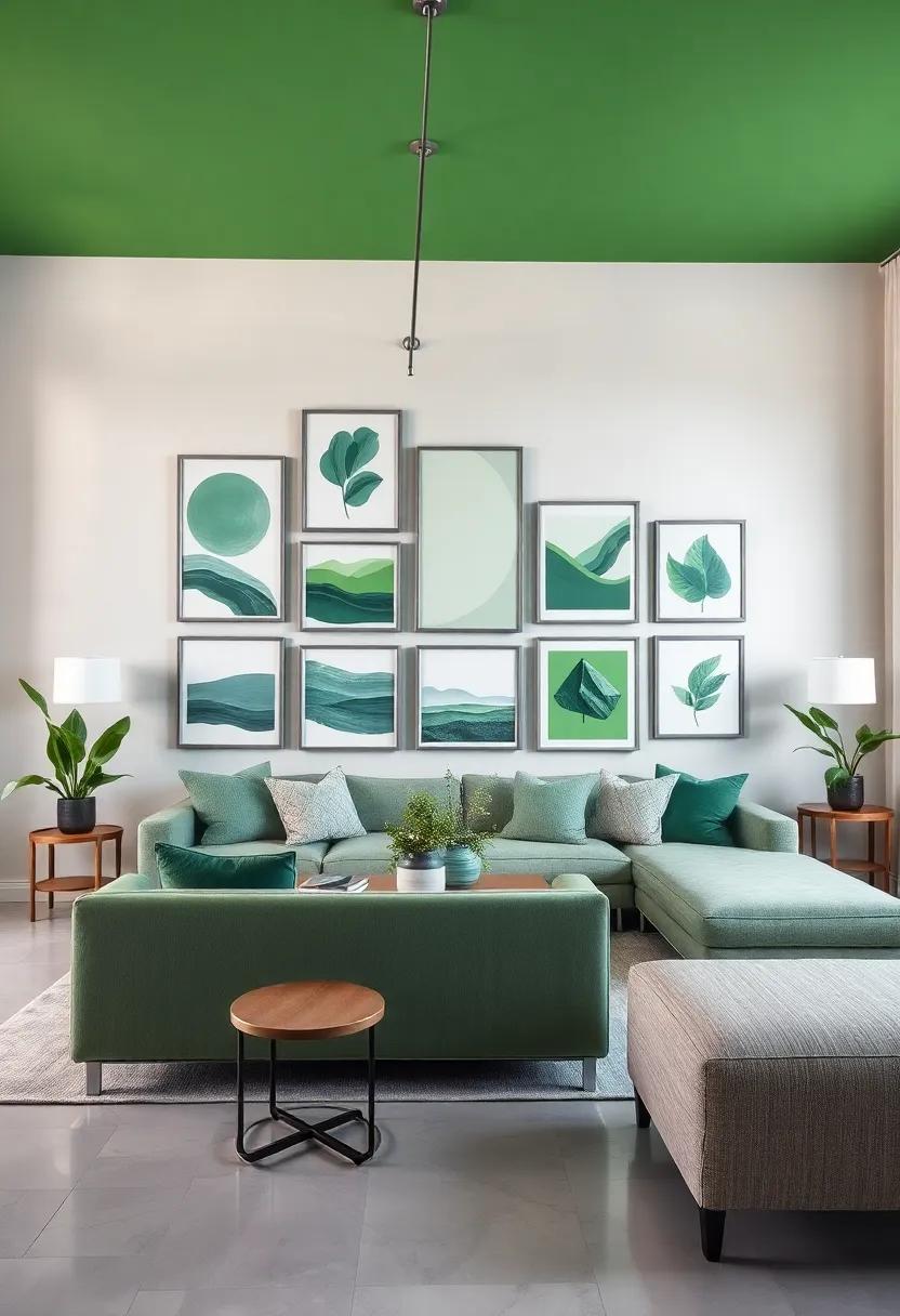 Use a mix‌ of green-hued artwork framed in⁣ sleek gray frames to create a striking gallery wall that ties the room ⁣together