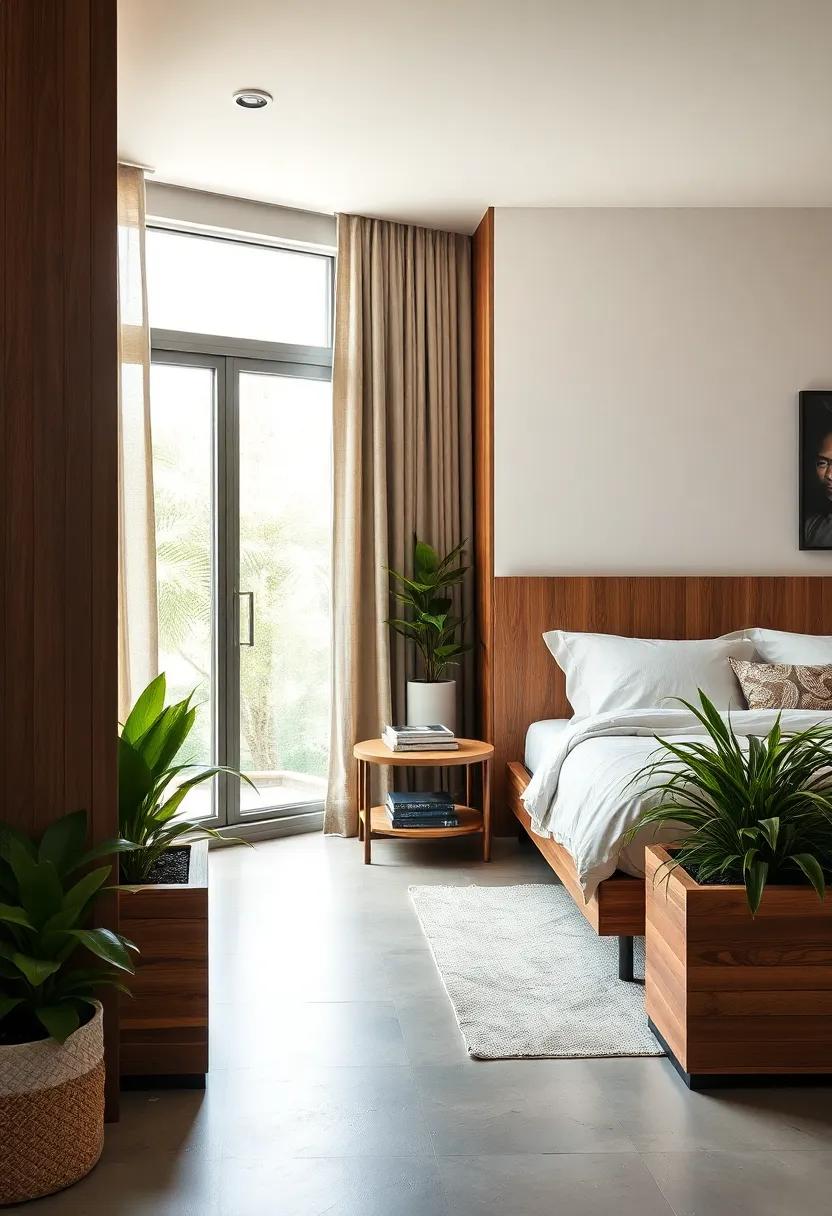 Choose‍ wooden planters‍ with greenery that breathe life into your​ minimalist bedroom, promoting a connection with⁣ nature