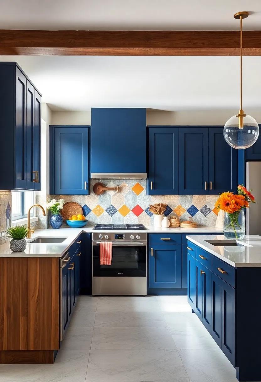 Bold ​Backsplash: Choose a ‌striking backsplash in geometric patterns or ‍vibrant‍ colors to complement your navy cabinets and add personality to the⁤ room