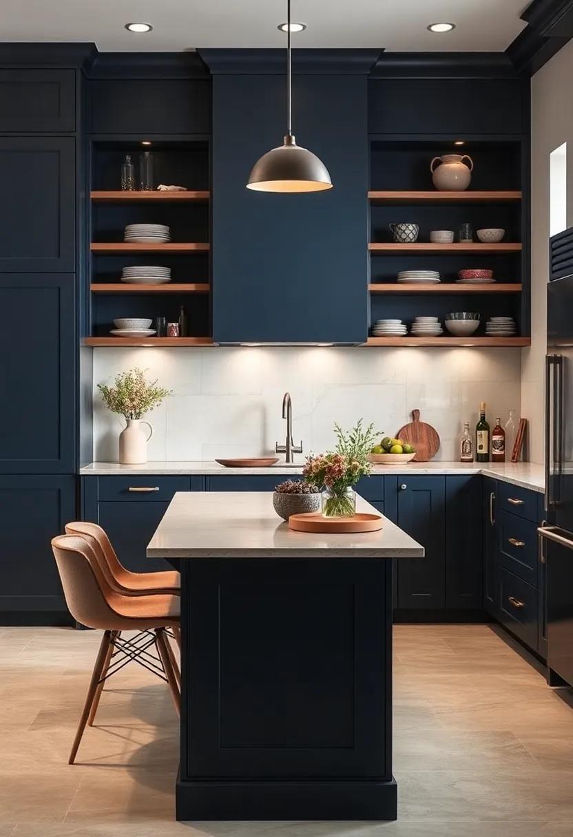 Open Shelving: ⁢Incorporate open ‍shelves with navy⁣ blue ⁢cabinets to create an airy feel while showcasing beautiful dishware or ⁣decor items