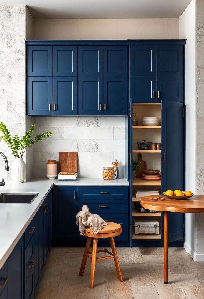 Stylish Pantry: Use navy cabinets to ⁢define a stylish pantry area,‌ keeping​ everything organized while maintaining kitchen aesthetics