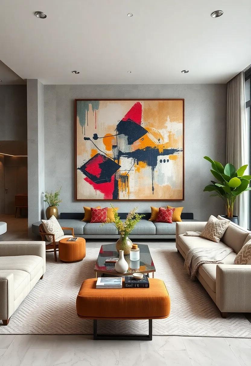 feature ‌an oversized piece of abstract artwork that resonates ‌with both modern and boho styles, serving as a conversation ⁣starter