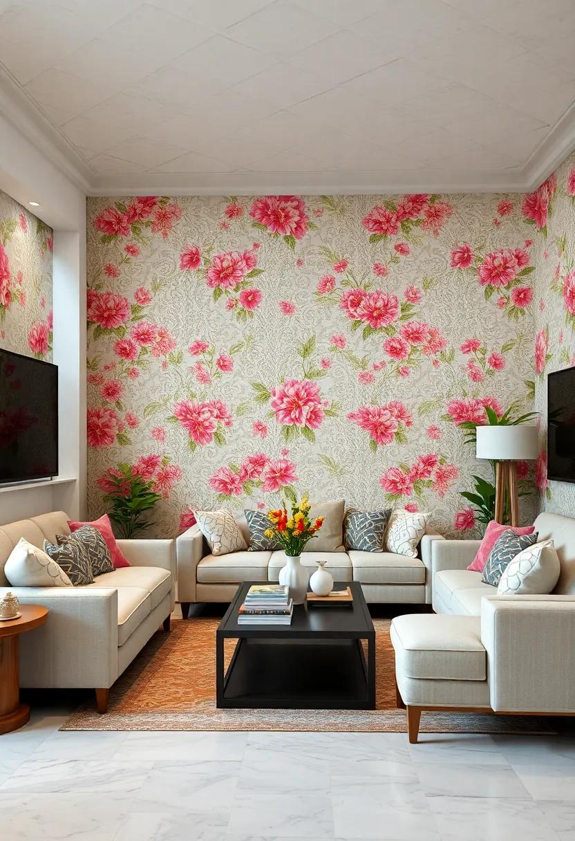 Adorn your walls with intricate lace patterns interwoven with colorful blossoms for a romantic touch