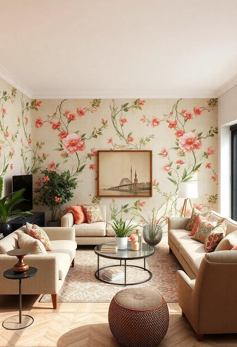 Use wallpaper adorned with trailing ‍vines and blossoms to create a sense of movement and life