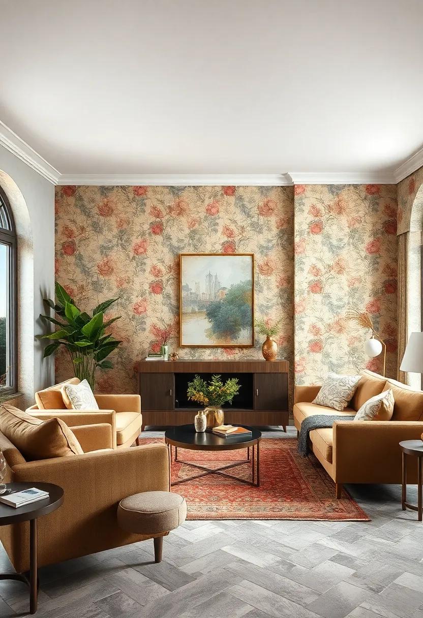Opt for a faded vintage wallpaper that tells a​ story, replete with soft colors and subtle florals