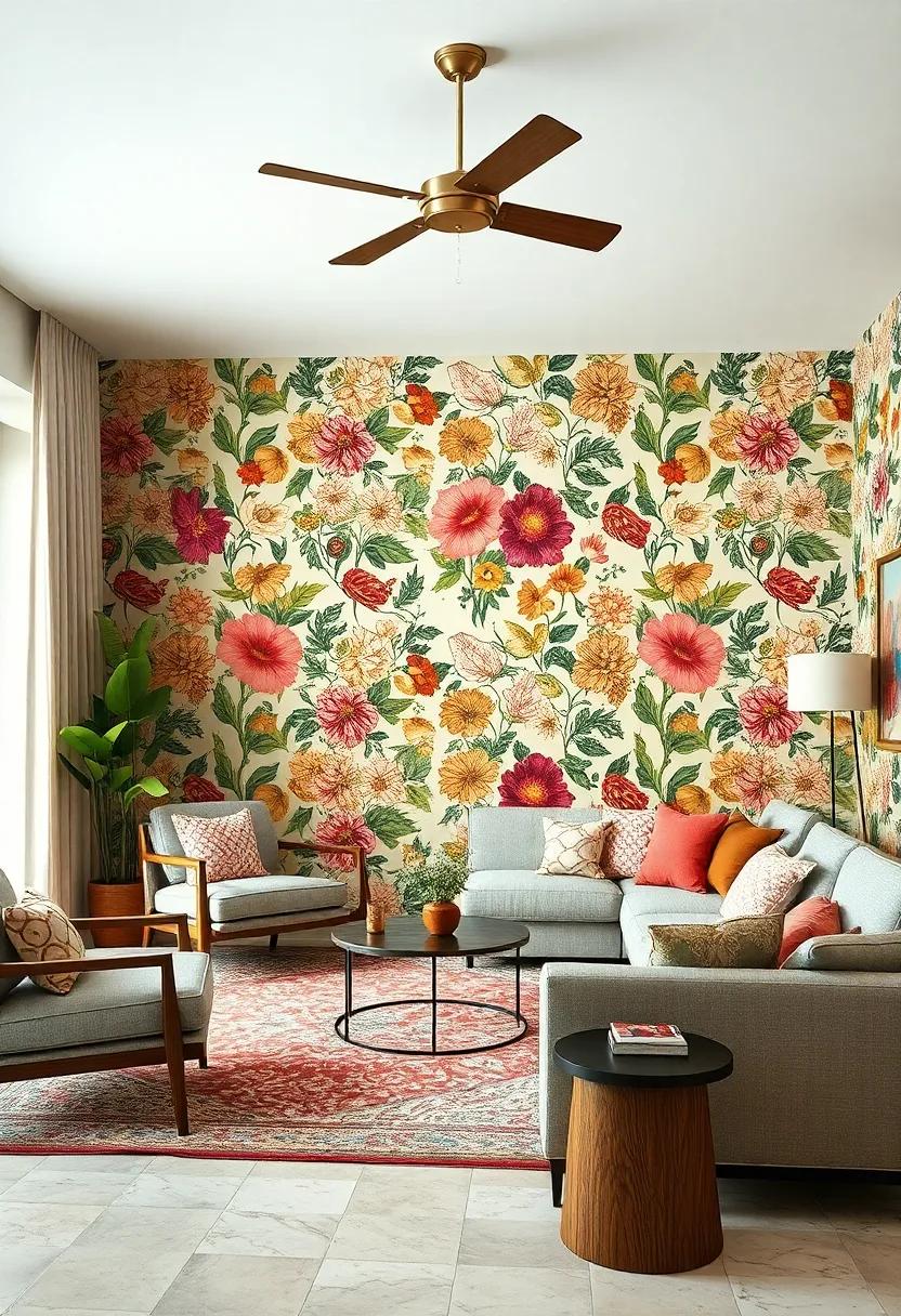 Delight in playful 1960s⁤ florals that add whimsy and character to ​your ⁣living room environment