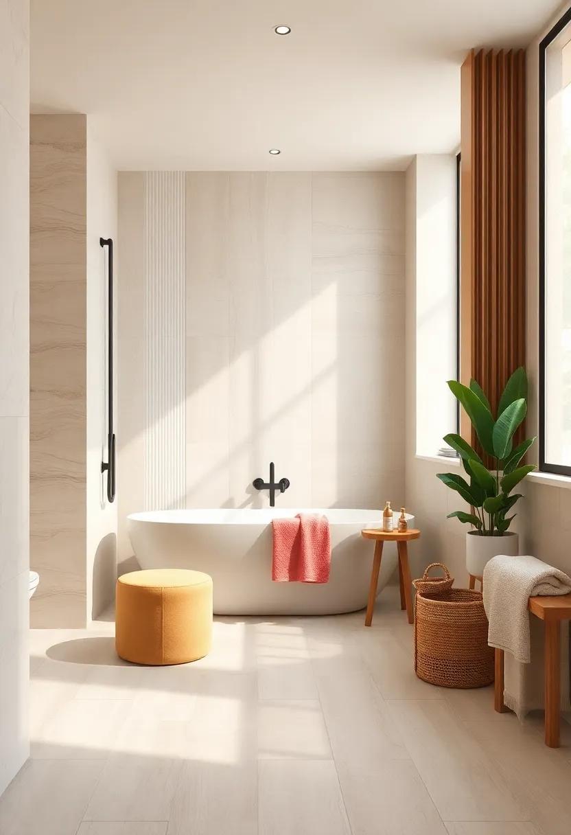 Creamy Subtle Stripes: Use tiles ​with soft stripes in cream shades to create an elegant, subtle backdrop that marries style and simplicity