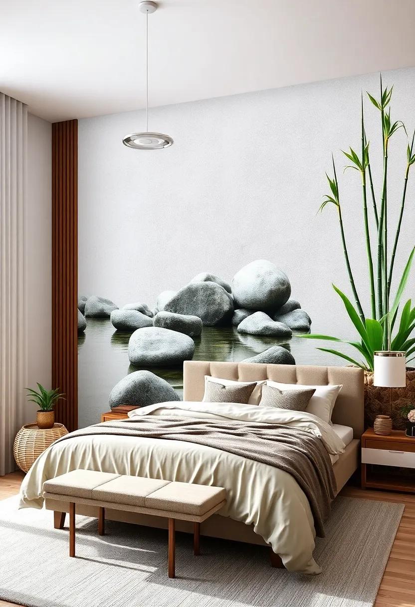 Zen Garden: Capture the essence of balance and calm with a mural featuring harmonious rocks, bamboo, and tranquil water, perfect for creating a meditative environment