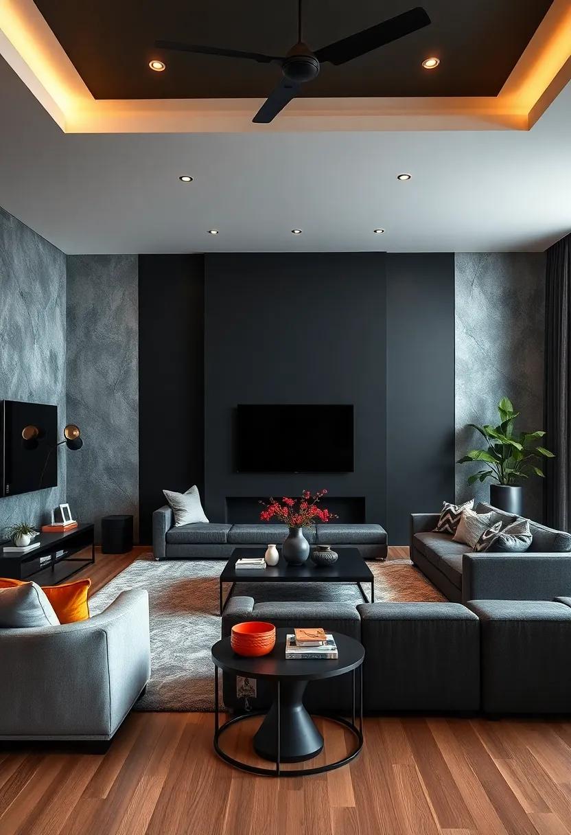Start with a bold black statement wall​ that serves as ‌the anchor of your living room, creating depth and drama