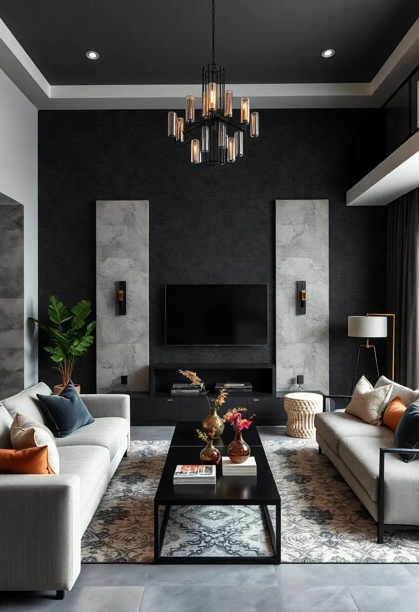 Choose a muted⁣ black wallpaper featuring a subtle pattern ‌for an accent⁢ wall to add visual depth while remaining​ chic