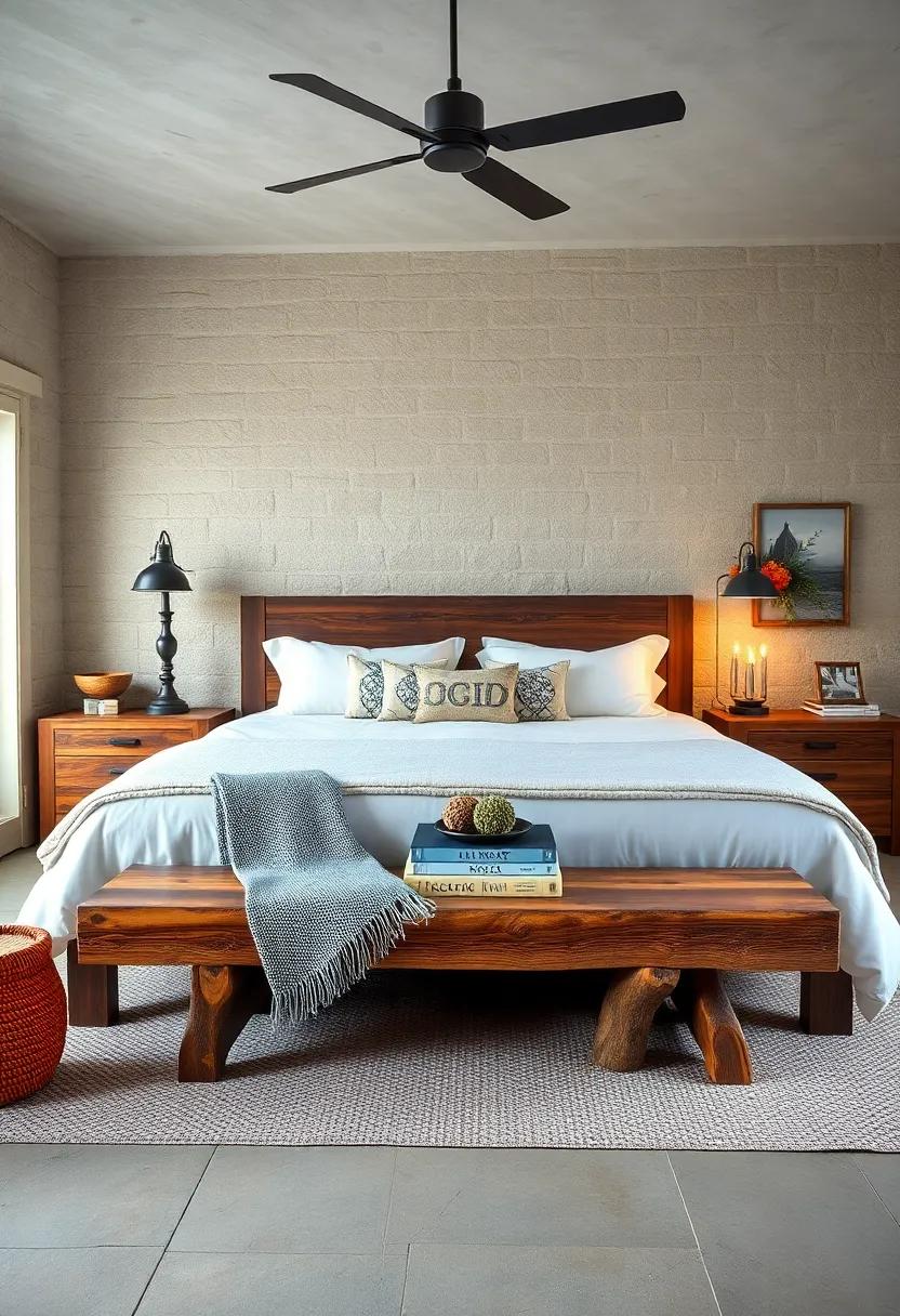 Consider a bench‌ at the foot of your bed crafted from reclaimed barn wood,​ providing both seating and a unique design element
