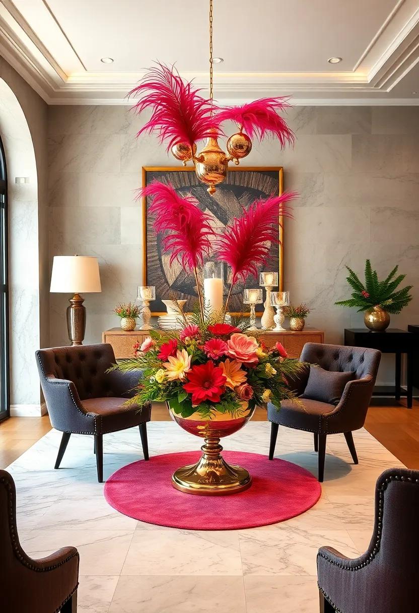 Statement Centerpiece: Design​ a bold centerpiece using ‍a‍ mix of fresh flowers, feathers, and⁣ glitzy ornaments for an eye-catching display that stuns guests