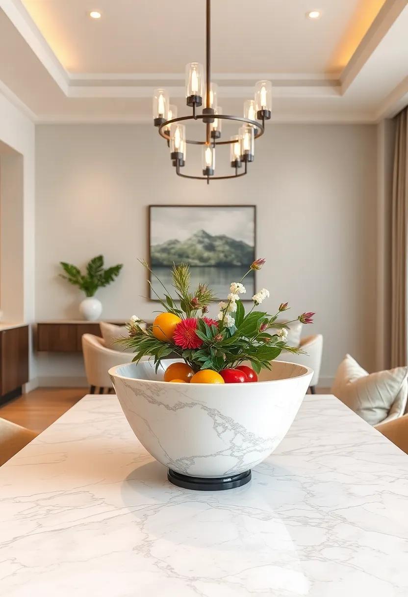 Elaborate Marble Centerpiece: Create a ‍stunning centerpiece‌ using a marble bowl filled with fresh fruits ‍or decorative items to⁢ draw⁤ the eye
