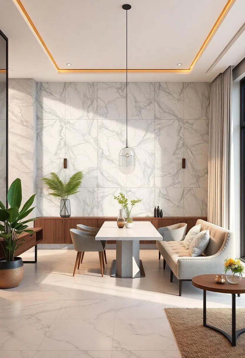 Marble-Inspired Wallpaper: Opt for⁢ marble-patterned wallpaper‍ to envelop your dining‌ room in a seamless⁣ marble effect ⁣without overwhelming the space