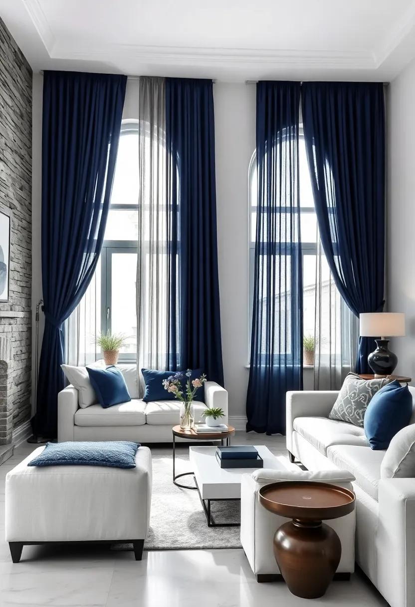 Use dark‌ blue curtains draped elegantly to frame your windows,allowing natural light to brighten the room while adding an‍ element of drama