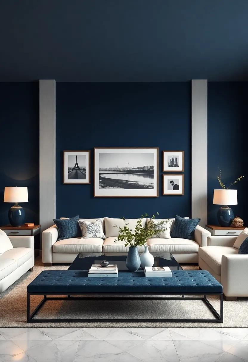 Consider a dark blue accent wall with​ framed black-and-white photos‌ for a classic and sophisticated gallery feel
