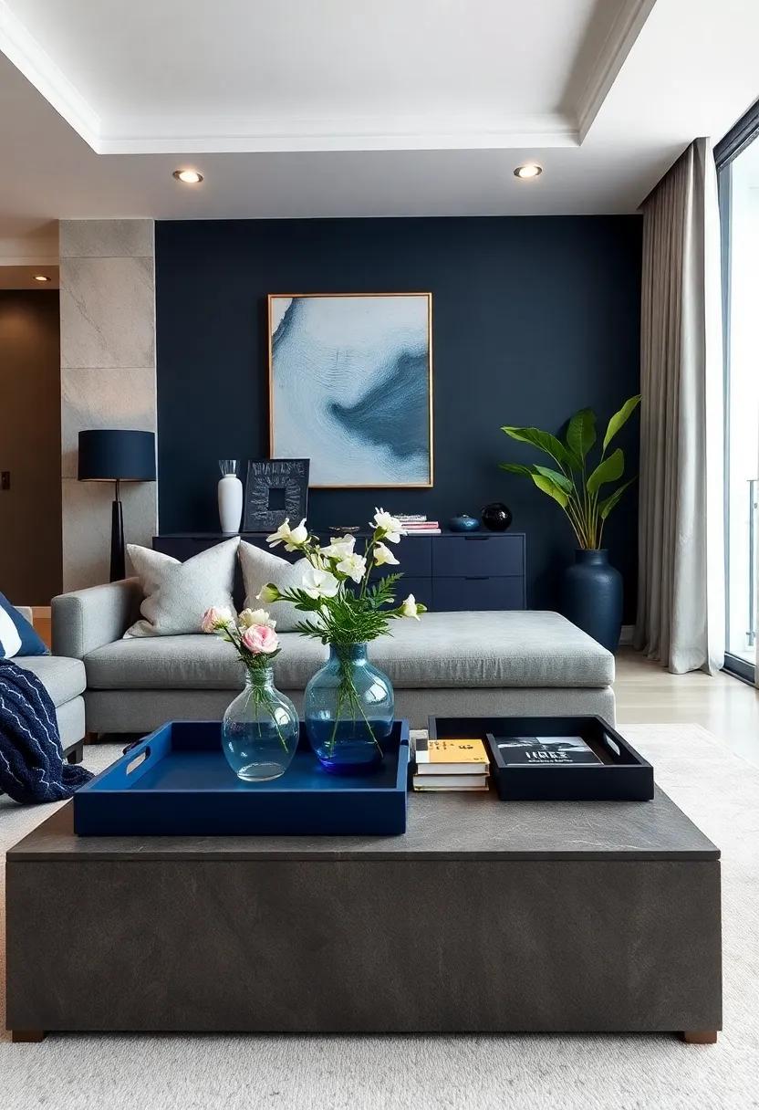 Use dark blue trays to‍ organize coffee table items, adding a practical yet stylish touch to your living room