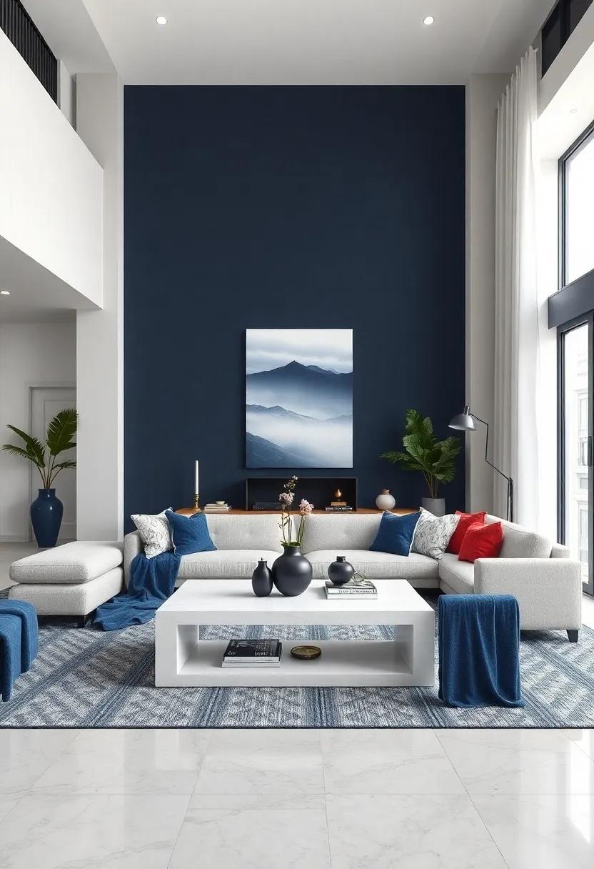 Choose a white coffee table with dark blue detailing to provide a chic focal⁢ point without overpowering the room’s ​palette