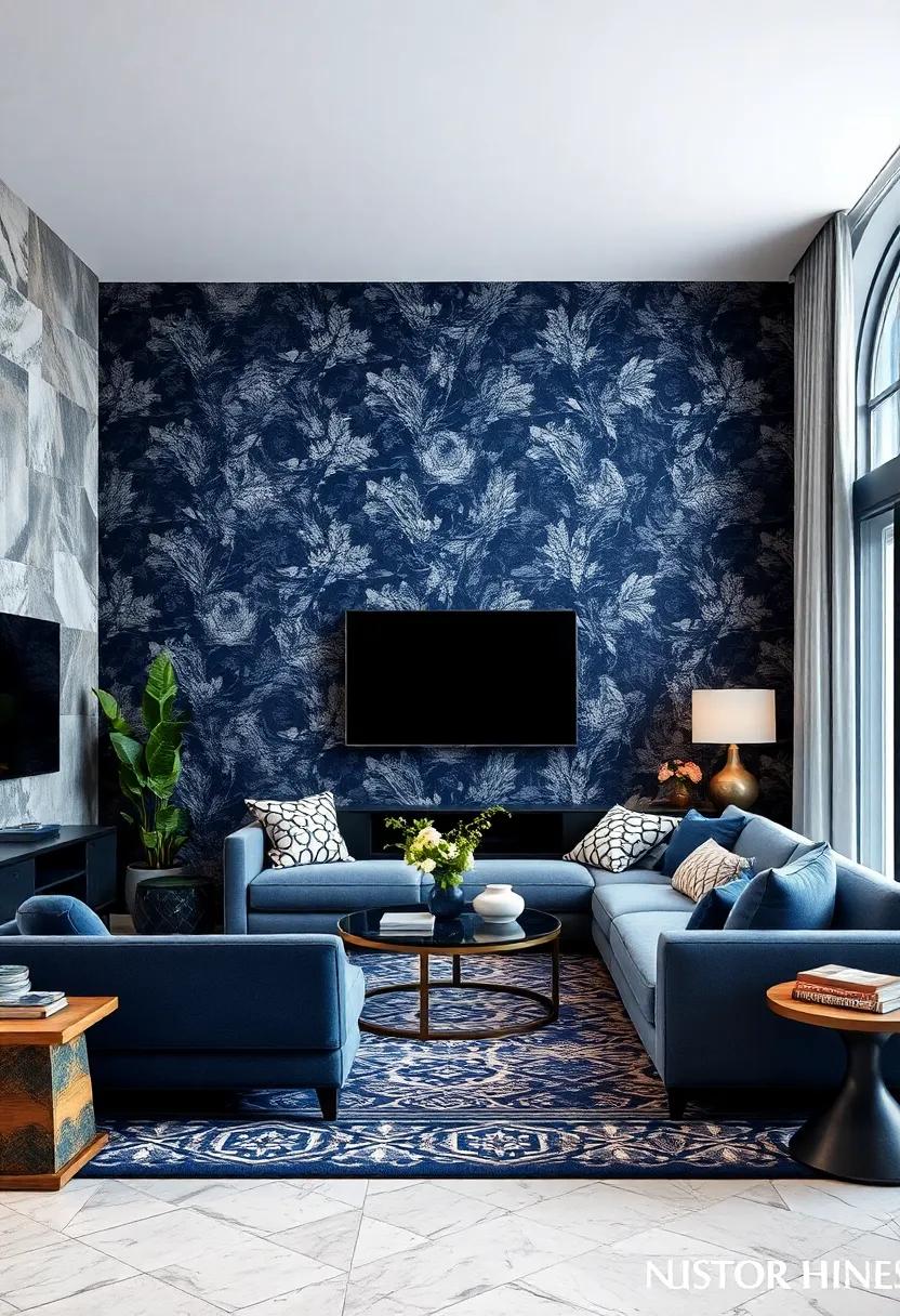 Experiment with dark blue ‌and white ⁤geometric ​patterns in wallpaper or ‌accents to‍ give your living room a contemporary edge
