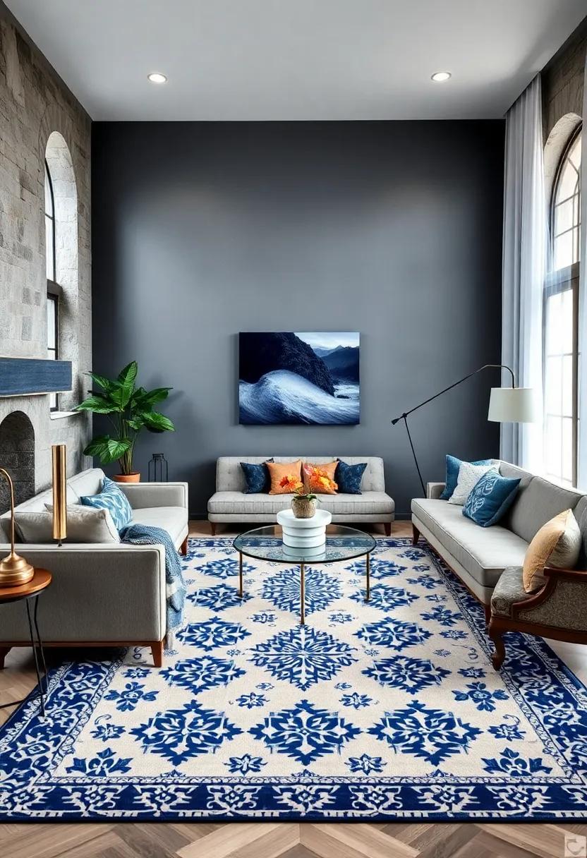 Incorporate ‍a bold ‍area⁢ rug with intricate blue and white patterns to tie together your living room's color scheme and add​ depth