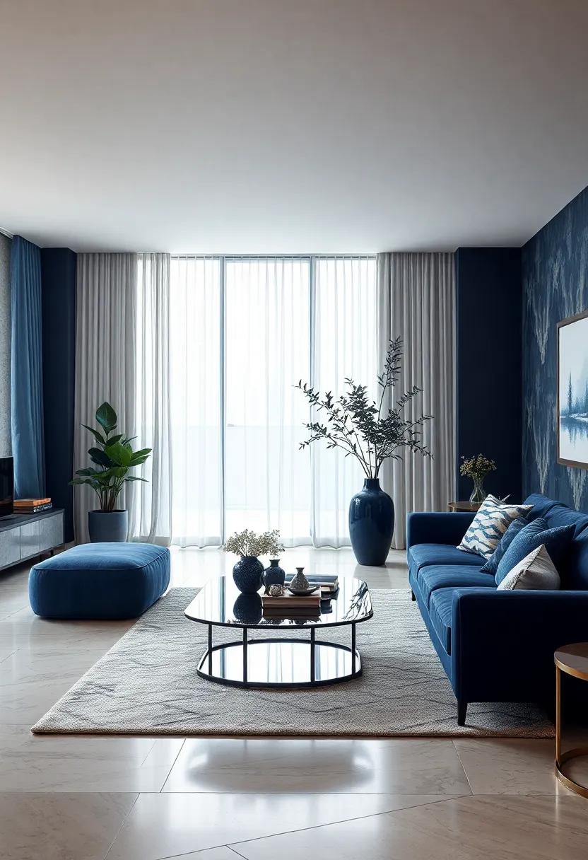 Select a coffee⁢ table⁢ that features ‌dark blue glass or lacquer, serving as both a functional piece ‌and a stylish accent in your‍ living ​room