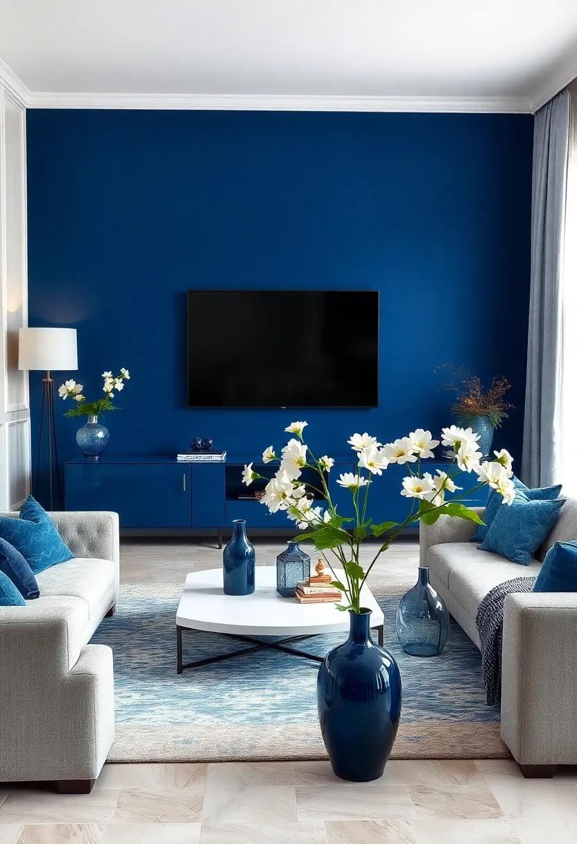 Add​ dark blue decorative vases⁤ filled ‌with fresh ⁣white flowers ​for a touch of nature and elegance in your⁣ living space