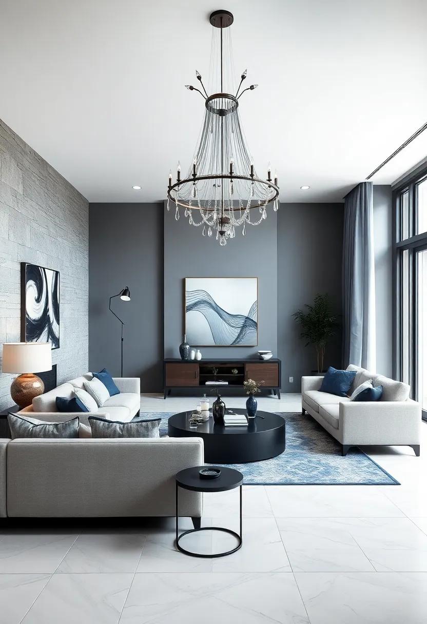 Finish off your dark blue and white living room decor with a statement ⁣chandelier that incorporates both colors, serving ⁣as⁢ the ultimate focal point