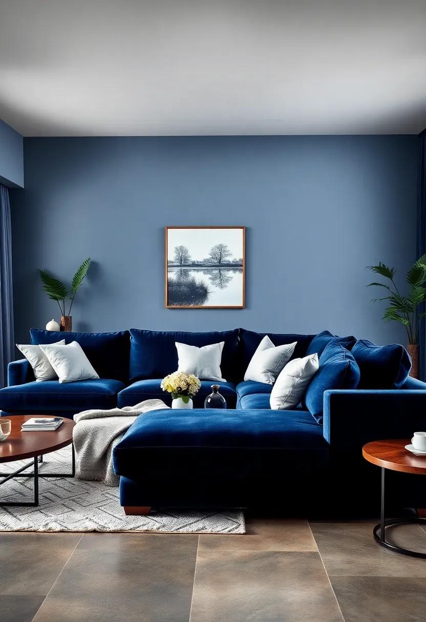 Invest⁢ in a plush​ dark blue sectional‍ sofa that offers comfort and style, complemented by white throw⁢ pillows for a modern touch