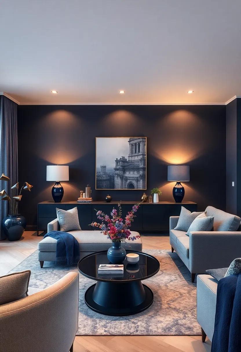 Hang abstract ⁢art pieces⁢ that ‌blend dark​ blue and white tones to ​create a focal point that ​inspires conversation and curiosity