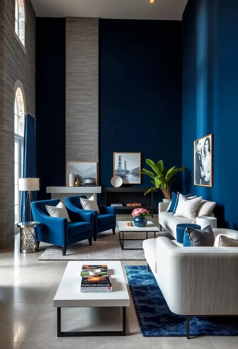 Opt for navy blue ‌accent chairs that provide⁤ additional seating and contrast beautifully with ‍white side tables or a light coffee ⁢table