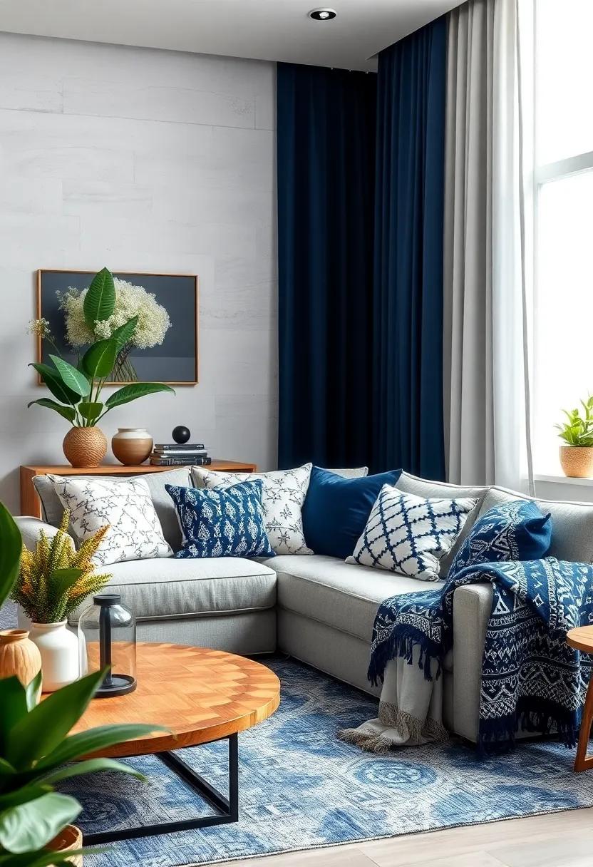 Incorporate ⁢a mix of dark blue and white ⁤patterned ⁢throw blankets to add ‍warmth and‌ character to your seating⁤ area
