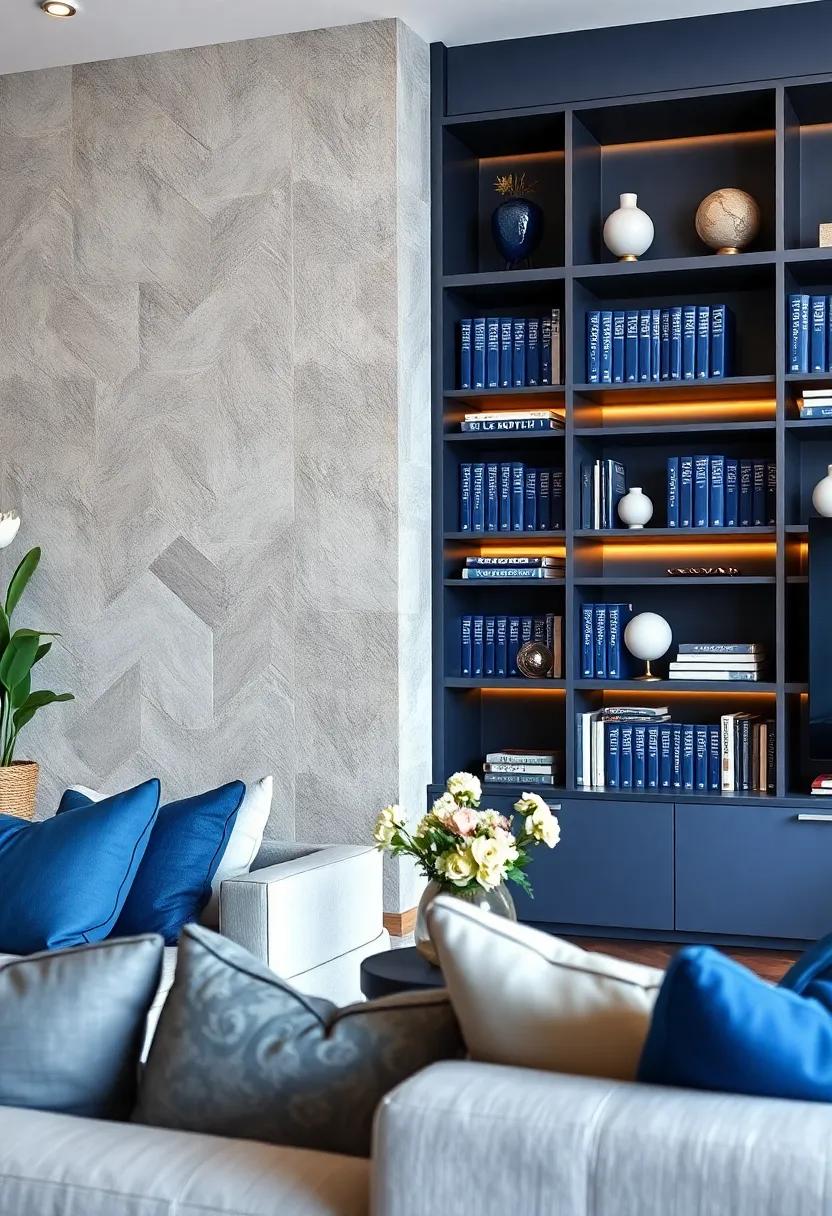 Select decorative⁤ bookshelf displays⁤ with⁤ blue spines and white ‌accents, blending organization with ⁤aesthetic appeal