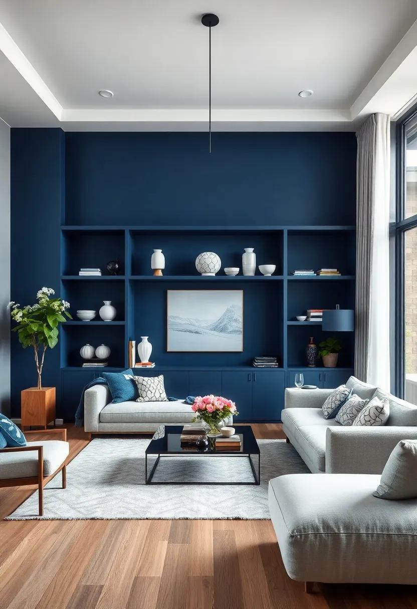 Install open ⁤shelving⁤ painted⁣ in dark ‌blue to showcase a collection of white pottery or books for an aesthetically pleasing display