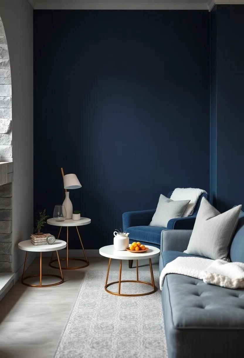 Create a ⁢cozy reading nook in ​a corner with a dark blue armchair, ‌a white side table, ​and a plush white throw⁤ blanket