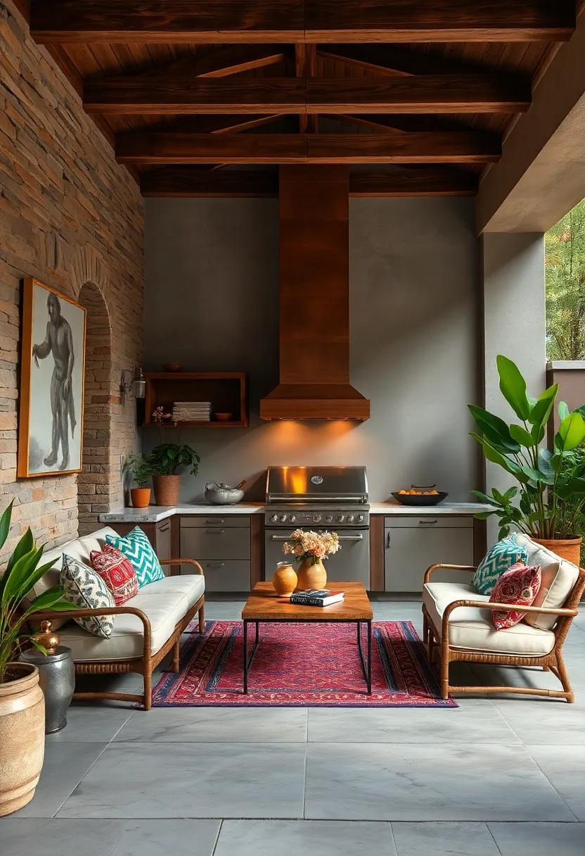 Artful Décor: Personalize your outdoor kitchen with decorative touches such as wall art, colorful rugs, and stylish cushions to create a unique vibe