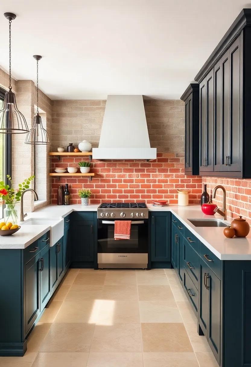 Color Contrast: Opt for deep‌ navy or forest green cabinetry⁤ that contrasts ‍beautifully⁢ with the⁣ warm red tones of a brick⁣ backsplash