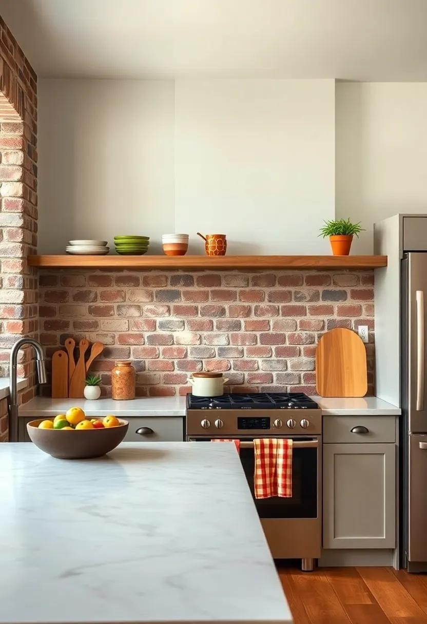 Open Shelving Delight: Install open shelves above the⁢ brick area to display charming dishware or⁤ potted herbs, adding both functionality and style