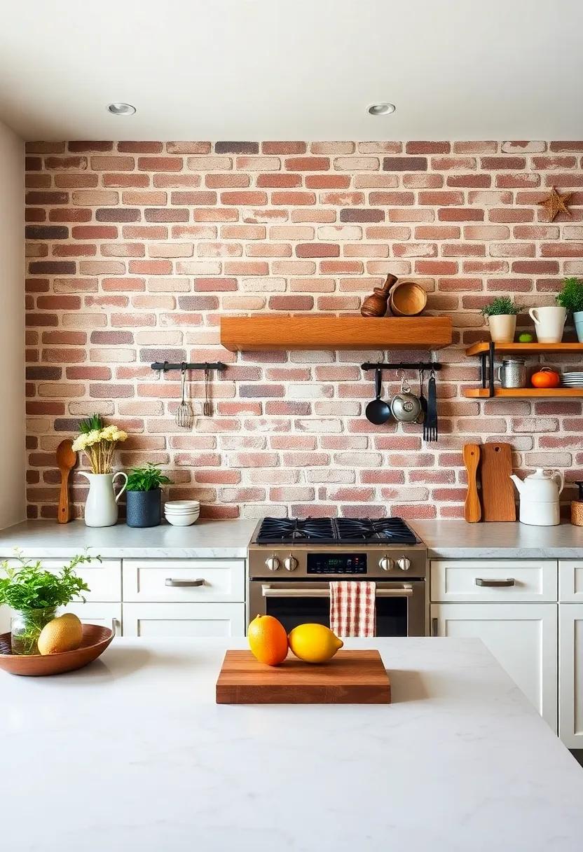 Wall-Mounted Utensil Racks: Use wall-mounted racks for utensils or pots against the brick, marrying practicality with rustic aesthetics