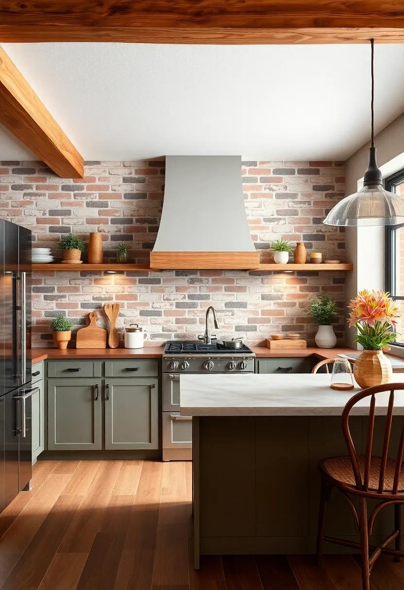 Warm Wood Elements: Incorporate wooden beams on the ceiling that echo the warmth of the brick, creating a united and cozy feel
