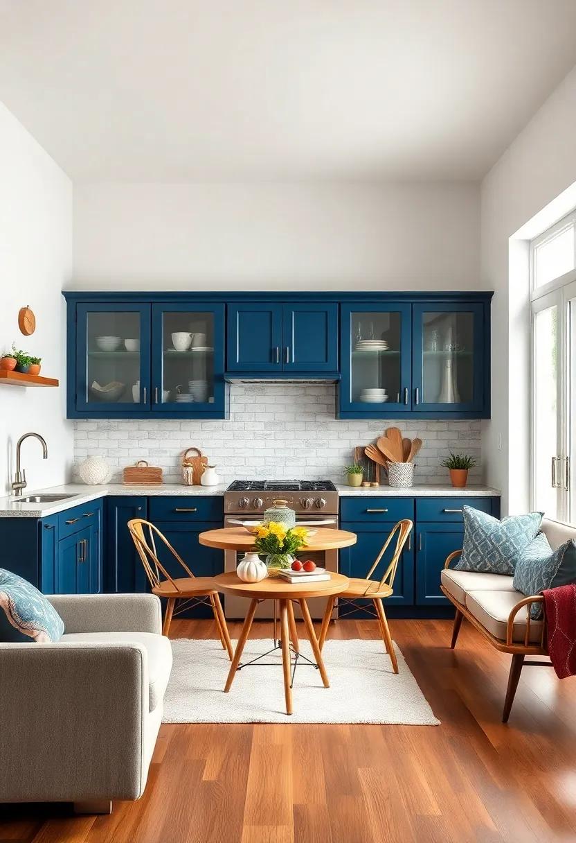 Cozy Breakfast ⁢Nook: Create⁣ an inviting‍ breakfast nook with a chic navy blue cabinet setup, perfect for casual dining⁤ and family gatherings