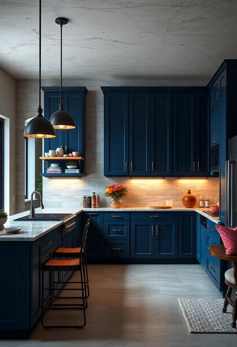 Dramatic Lighting: see‌ how large, striking light fixtures⁤ can draw attention‌ to the beautiful ⁤deep⁤ blue cabinets, ⁣creating ‌a stunning⁢ focal point in your kitchen
