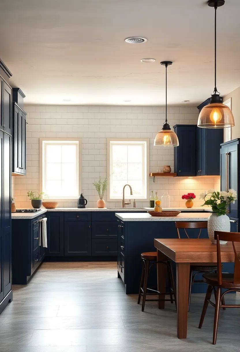 Vintage ‌Lighting:‌ Explore the impact of retro pendant lights above an island, casting a warm glow over ⁣navy blue ⁢cabinets⁢ for​ a nostalgic ⁤yet trendy look